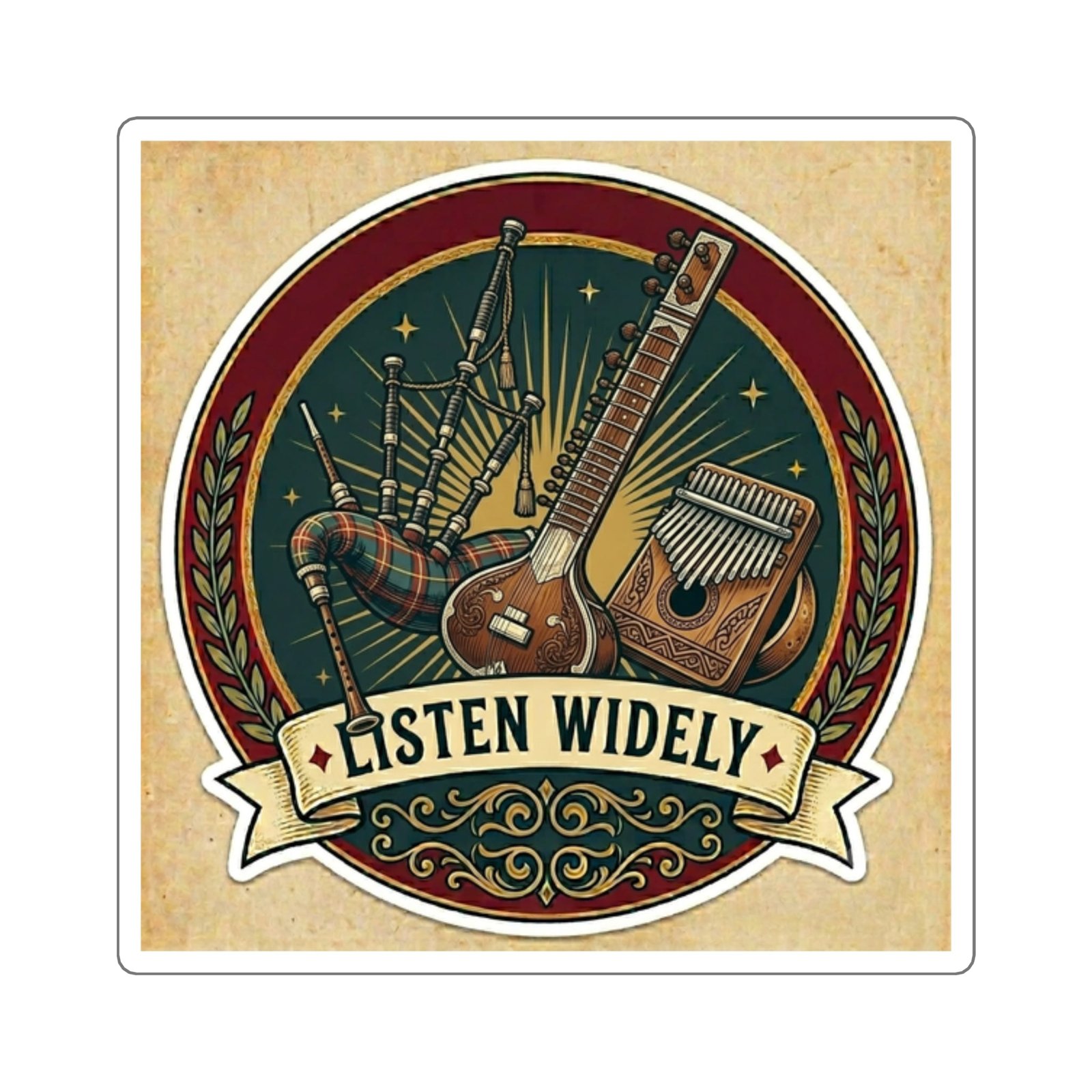 Listen Widely Bagpipes + Sitar + Mbira Sticker